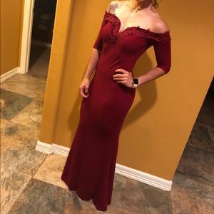 Maroon formal dress.